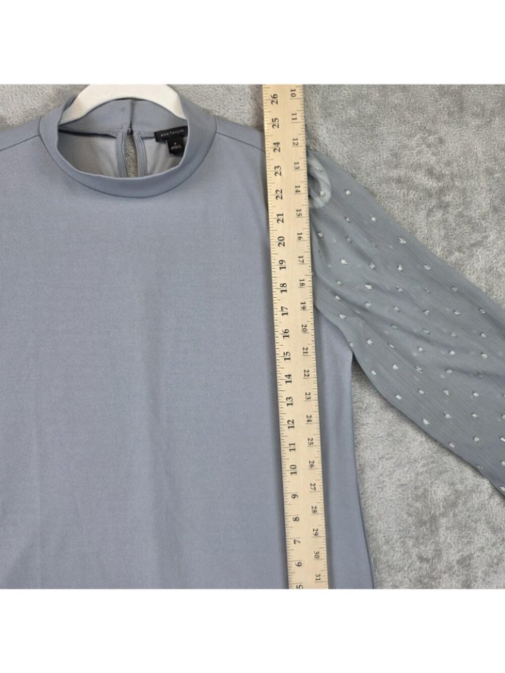 Ann Taylor Blouse Womens M Gray Mock Neck Long Balloon Sleeve Sheer Dot Top - Picture 9 of 11